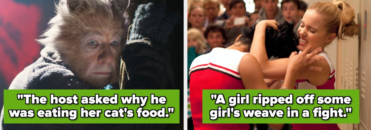Two funny scenes: A man eating cat food, and a girl pulling out another's weave in a fight