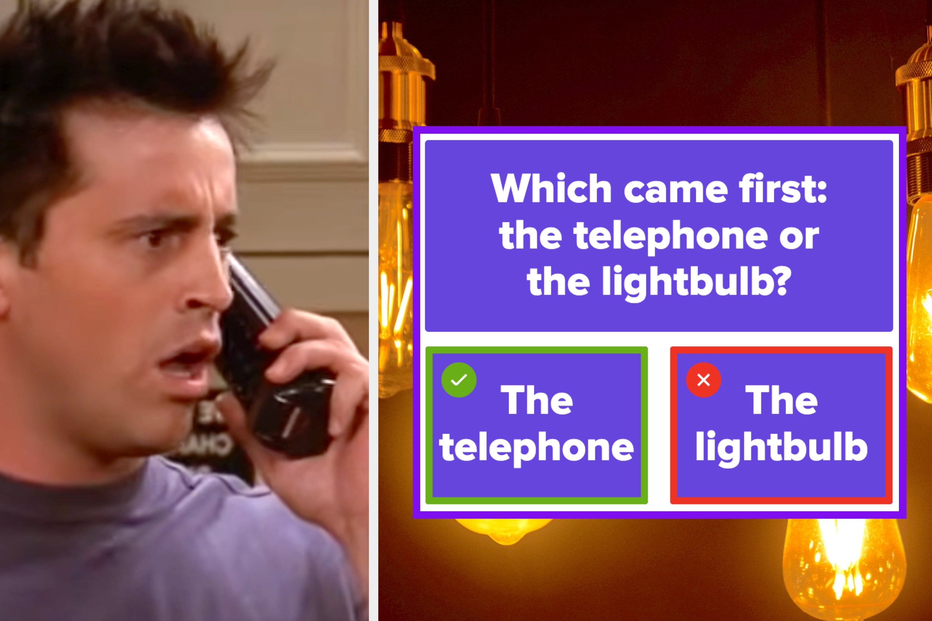 Split image with a surprised person on a phone and a glowing lightbulb; text asks which came first, telephone or lightbulb
