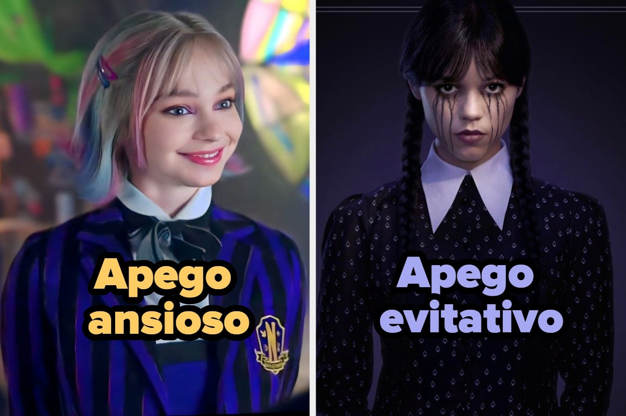 Imagen dividida: a la izquierda, una persona sonriente con ropa estilo colegial; a la derecha, una persona seria con vestido oscuro y peinado recogido. Texto: "Apego ansioso" y "Apego evitativo"