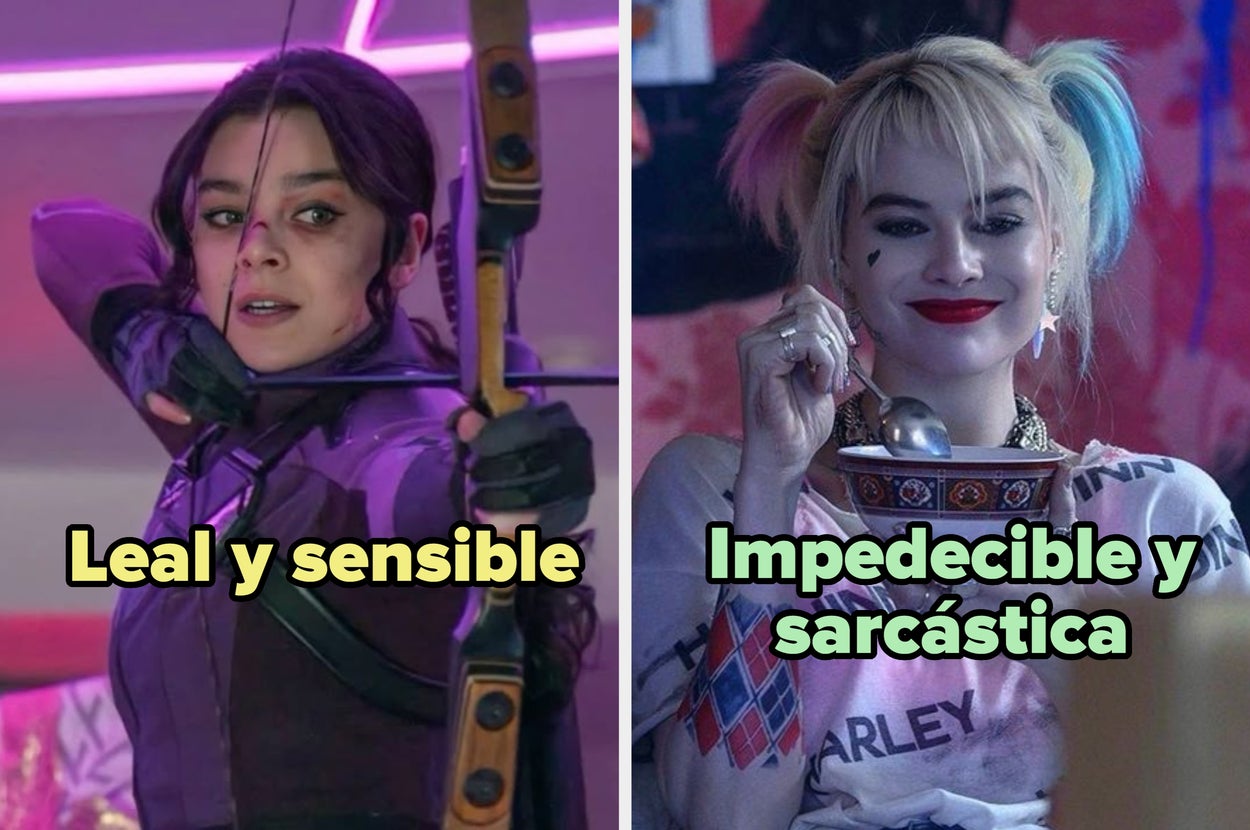 Imagen dividida: A la izquierda, una arquera con un atuendo heroico; a la derecha, una mujer con ropa colorida y actitud excéntrica. Texto: "Leal y sensible", "Misteriosa y sarcástica"