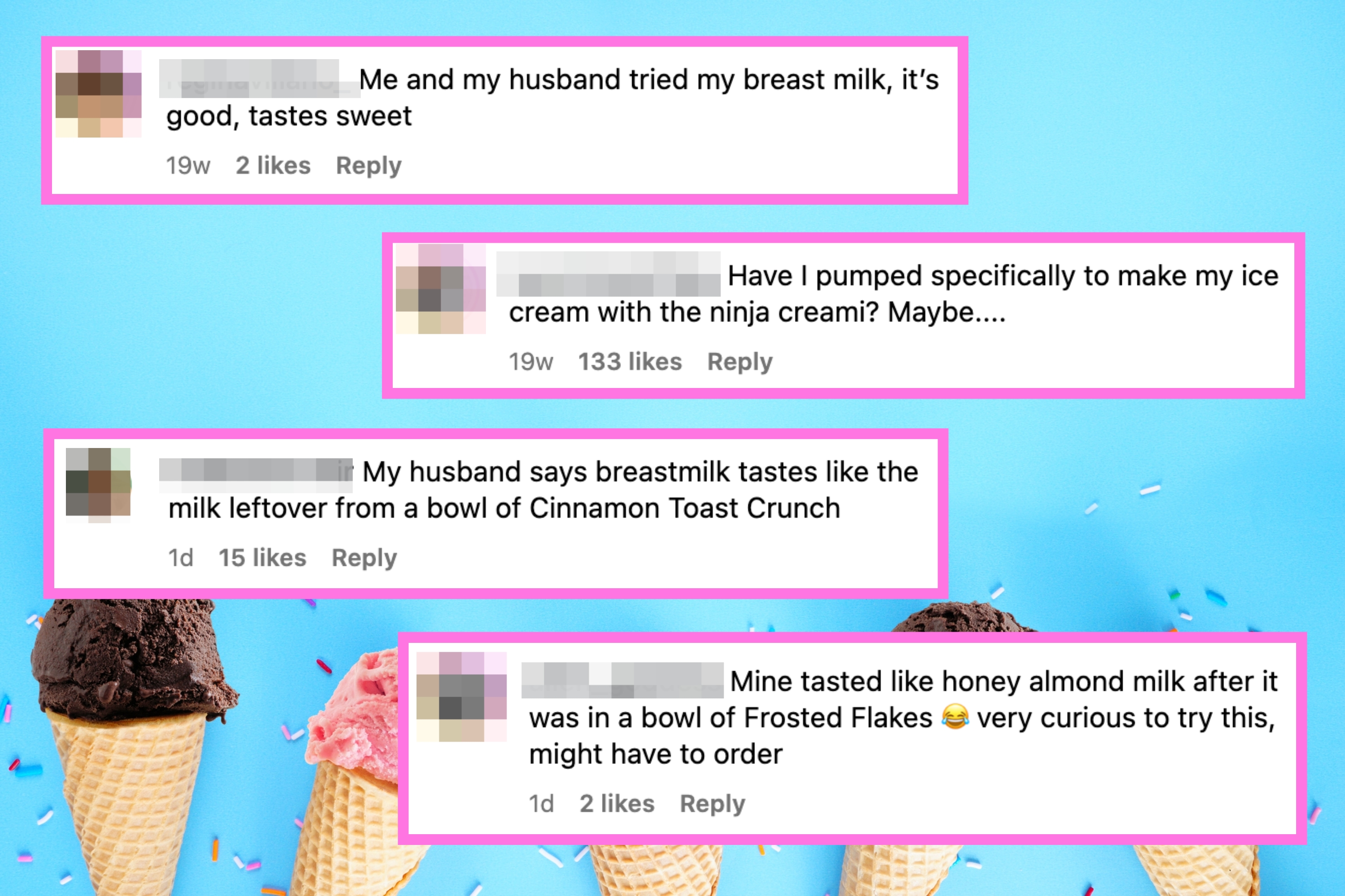 Five ice cream cones with chocolate, strawberry, and vanilla scoops are lined up on a light blue background with scattered sprinkles