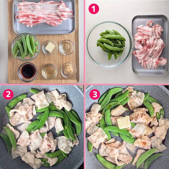 調理手順: 豚肉とスナップエンドウをフライパンで炒める。ソースを加え、バターをのせる。