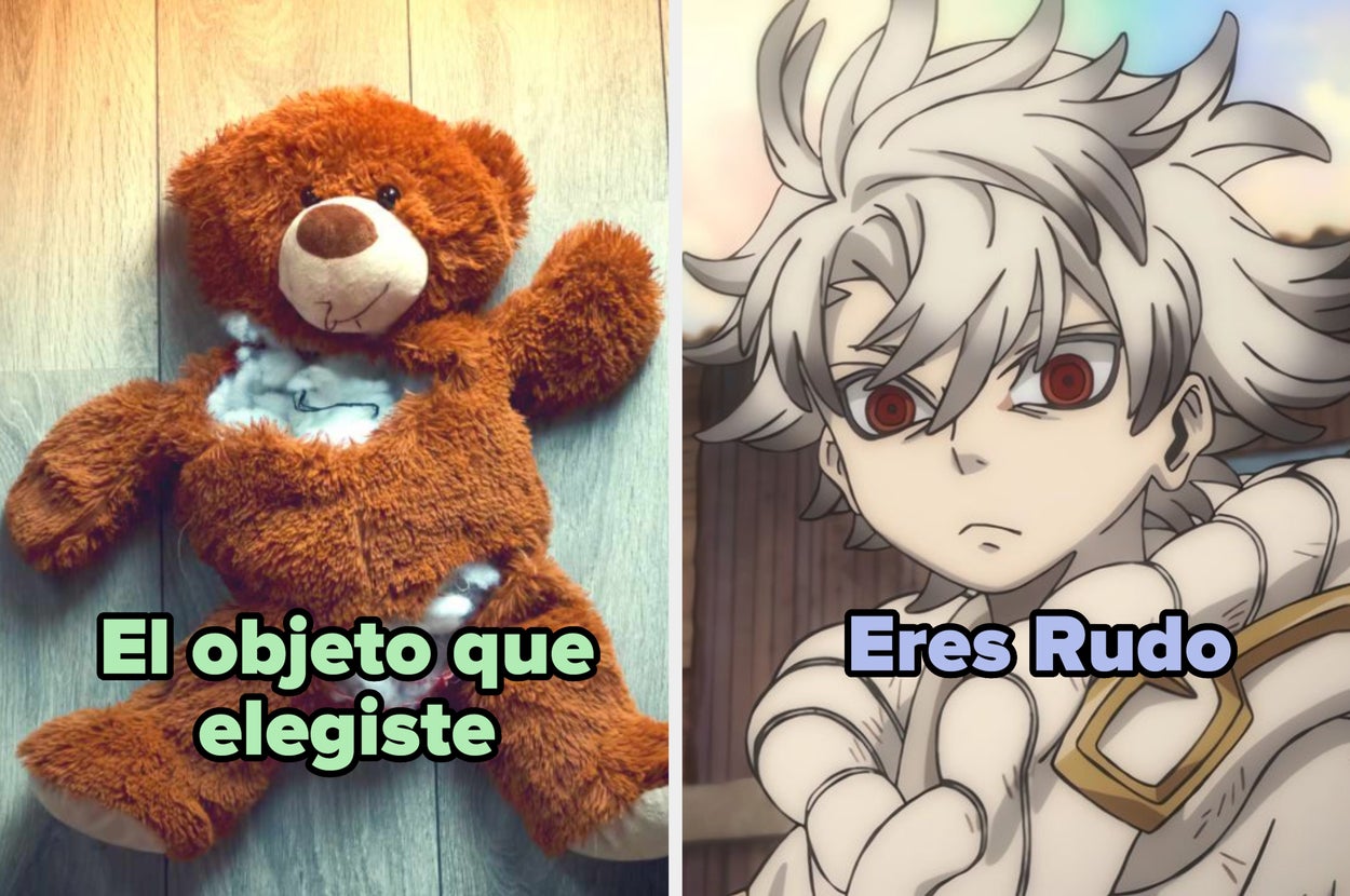 Un peluche roto a la izquierda y un personaje de anime serio a la derecha con texto: "El objeto que elegiste" y "Eres Rudo"