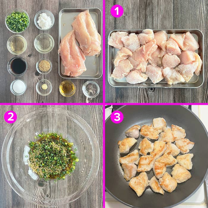 鶏肉の調理手順を示す3ステップの画像。1:鶏肉のカット、2:調味料の混合、3:フライパンで鶏肉を調理。