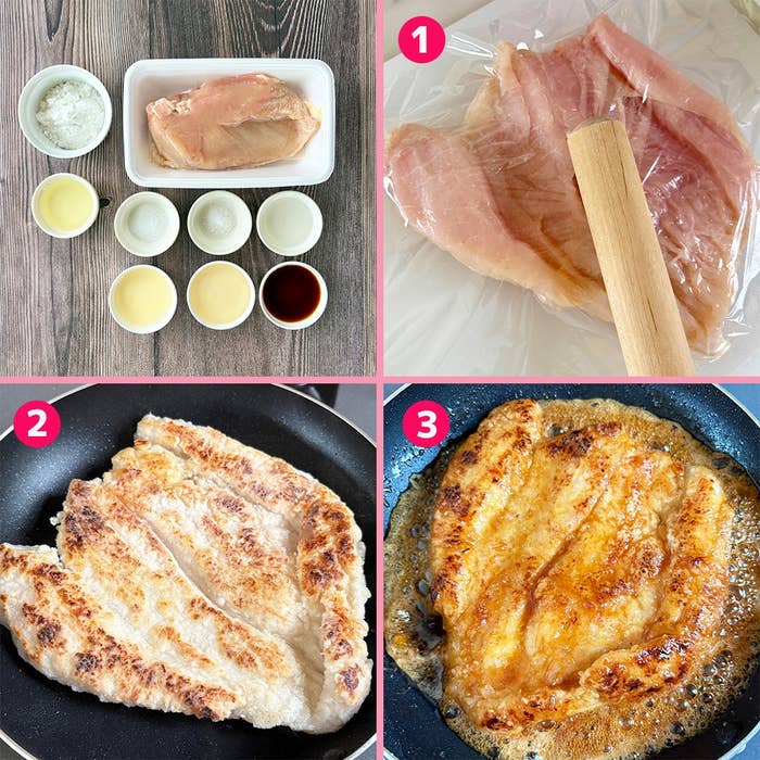 鶏むね肉をたたいて、フライパンで焼くステップを示した調理手順。
