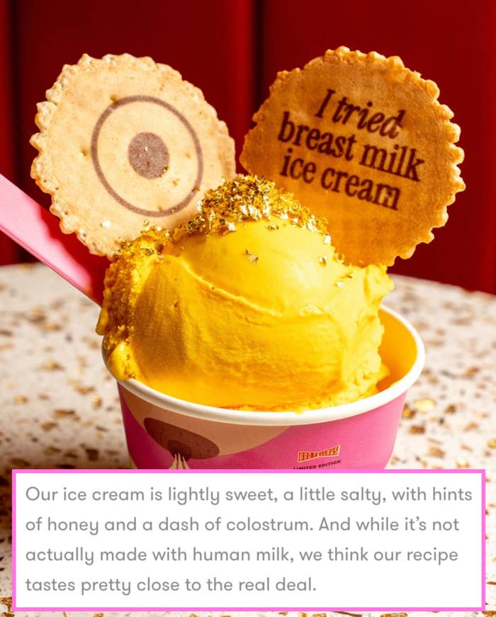 Ice cream cup labeled "breast milk ice cream" with two wafers, one saying "I tried breast milk ice cream," topped with gold sprinkles