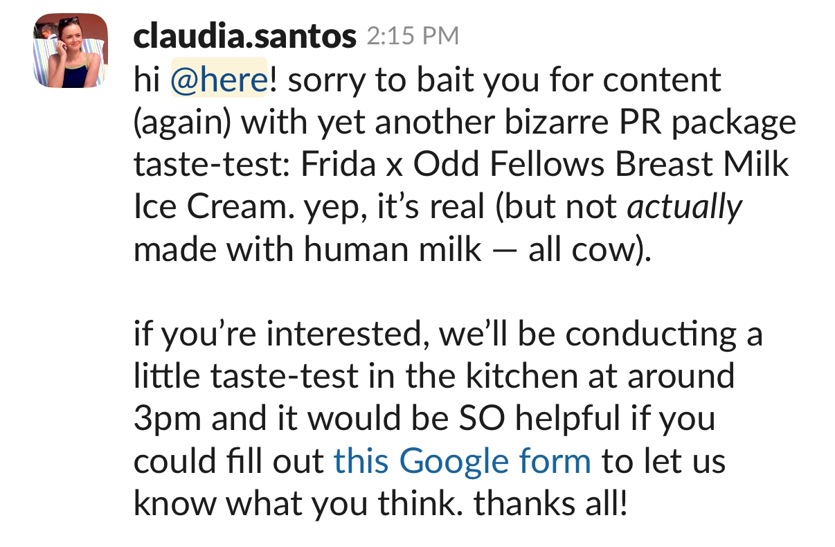 Message from Claudia about a tasting event for Frida x Odd Fellows Breast Milk Ice Cream (not made with human milk). Includes Google form invitation