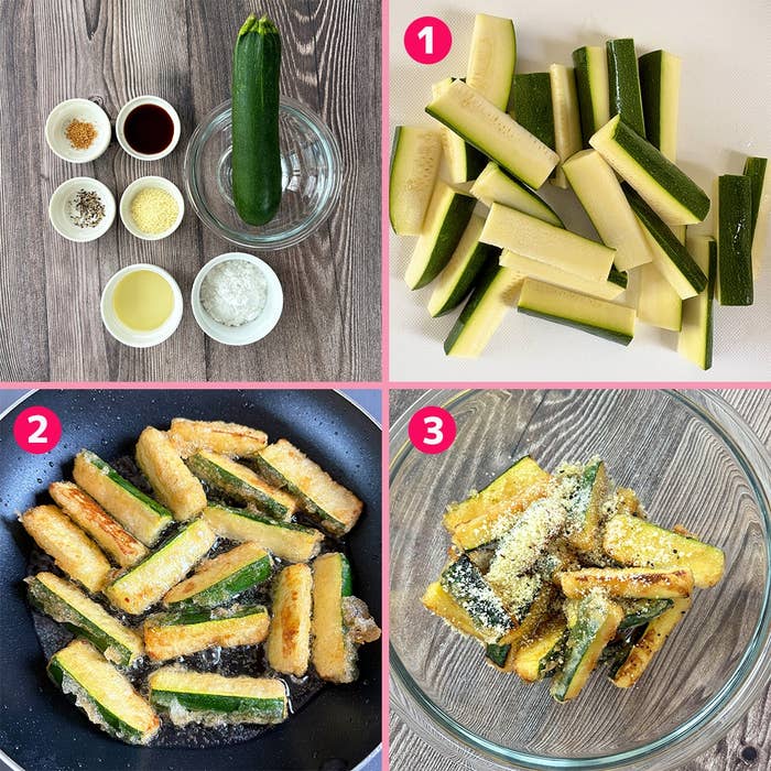 ズッキーニを使用したフライのステップ: 材料の準備、切り、フライパンで揚げ焼き、仕上げに粉チーズと黒コショウを振る。