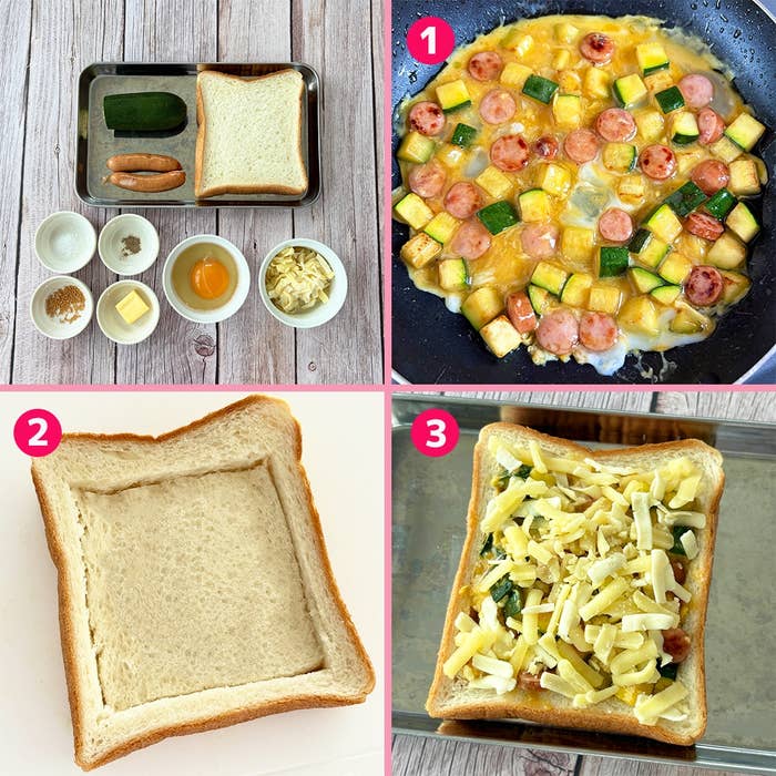 画像は食パンを使った料理の3ステップを示しています。1. ソーセージとズッキーニを混ぜて焼く。2. パンの中身を押す。3. 食パンに具材とチーズを詰める。