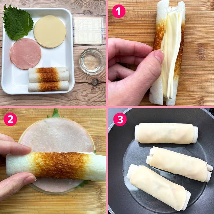 ちくわにチーズを詰め、ハムと大葉で包み、最後に餃子の皮で巻く調理過程の3ステップ。