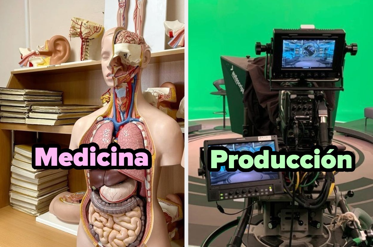 Maniquí anatómico junto a una cámara de producción en estudio de televisión; texto superpuesto: "Medicina" y "Producción"