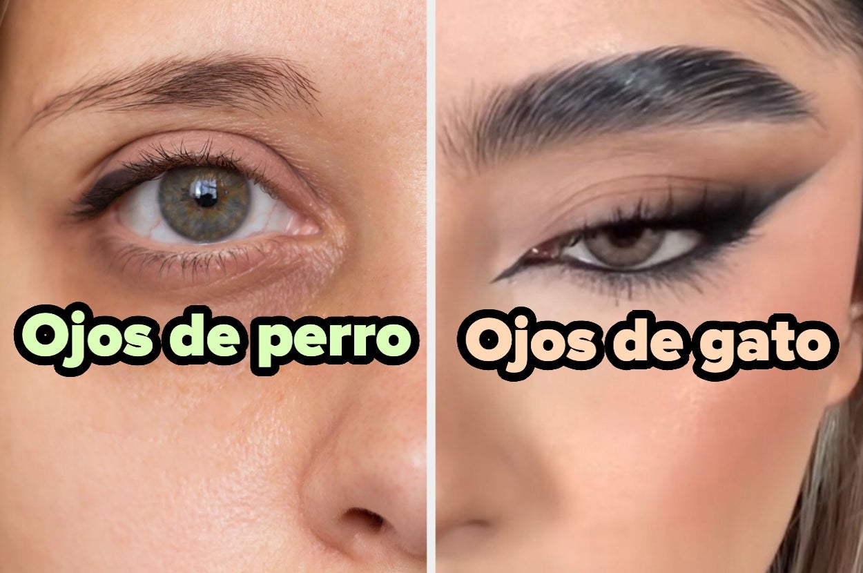 Ilustración comparativa de estilos de maquillaje: "Ojos de perro" con apariencia natural y "Ojos de gato" con maquillaje de ojos dramático y delineador
