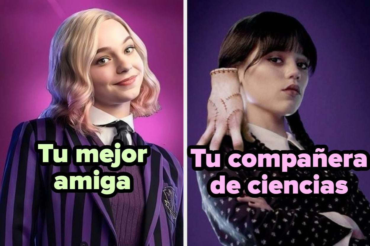 Imagen dividida: a la izquierda, persona sonriente con chaqueta a rayas; a la derecha, persona con expresión neutral, mano sobre su hombro. Texto: "Tu mejor amiga" y "Tu compañera de ciencias"