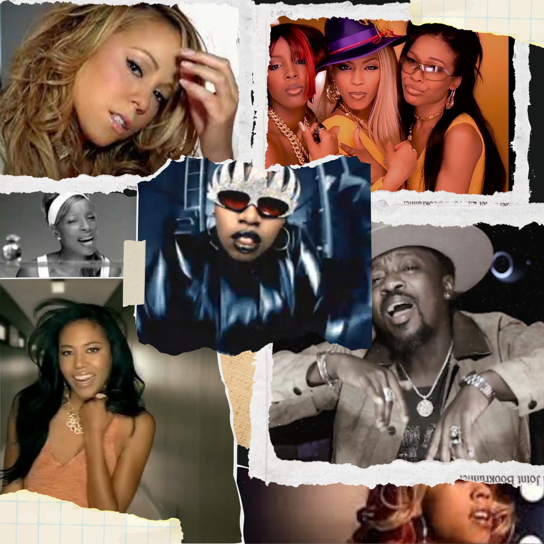 Collage of 90s R&B and hip-hop artists posing stylishly in various outfits, some featuring hats and sunglasses