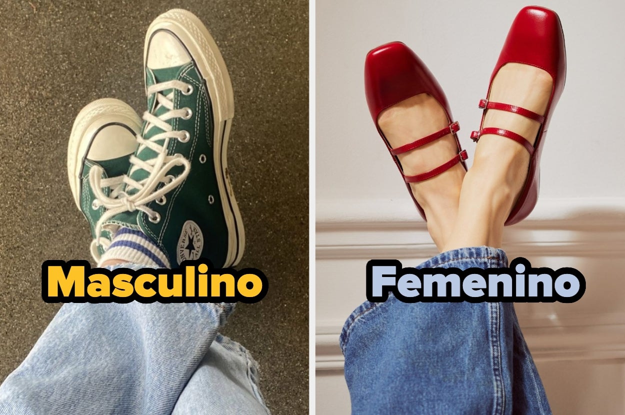 Zapatos deportivos con etiquetas de "Masculino" y zapatos de tacón bajo con etiquetas de "Femenino" en fondo casual
