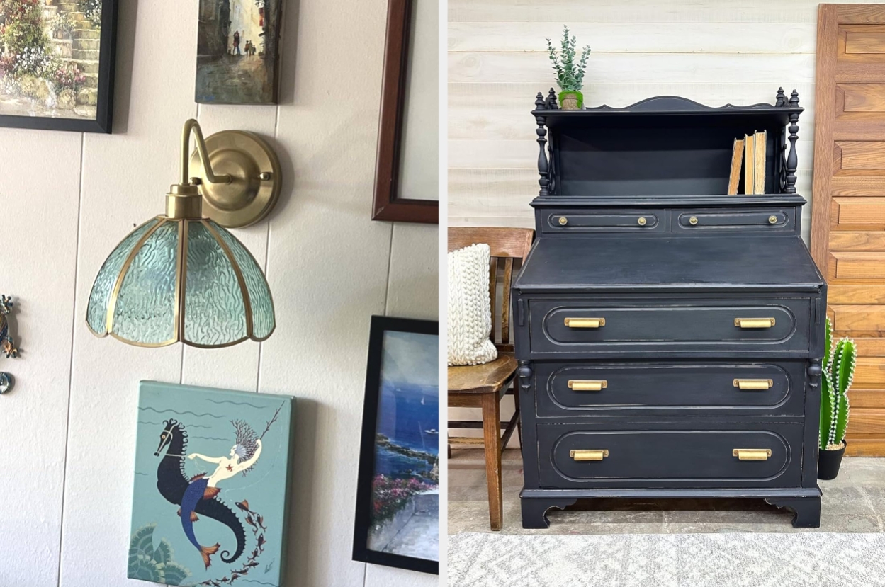 Left: Vintage-style wall lamp and art prints. Right: Antique black dresser with ornate details, brass handles, and small plants on top
