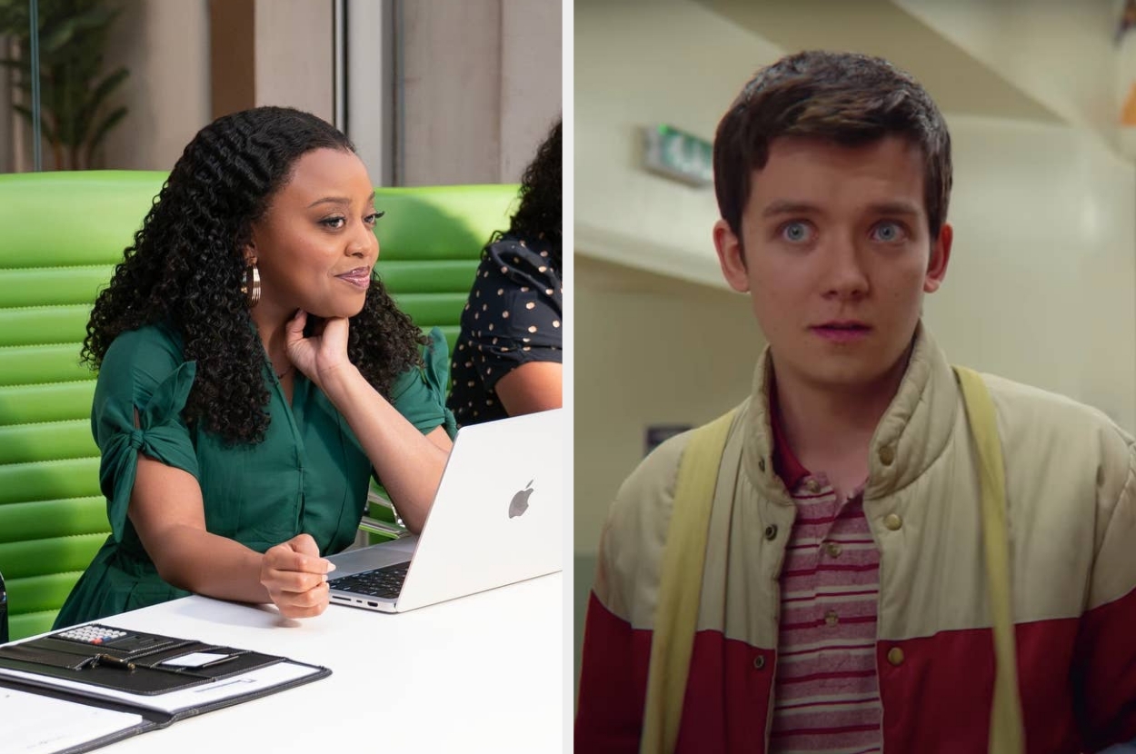 Two people: one in an office setting with a laptop, another in a casual jacket and shirt, looking surprised or concerned