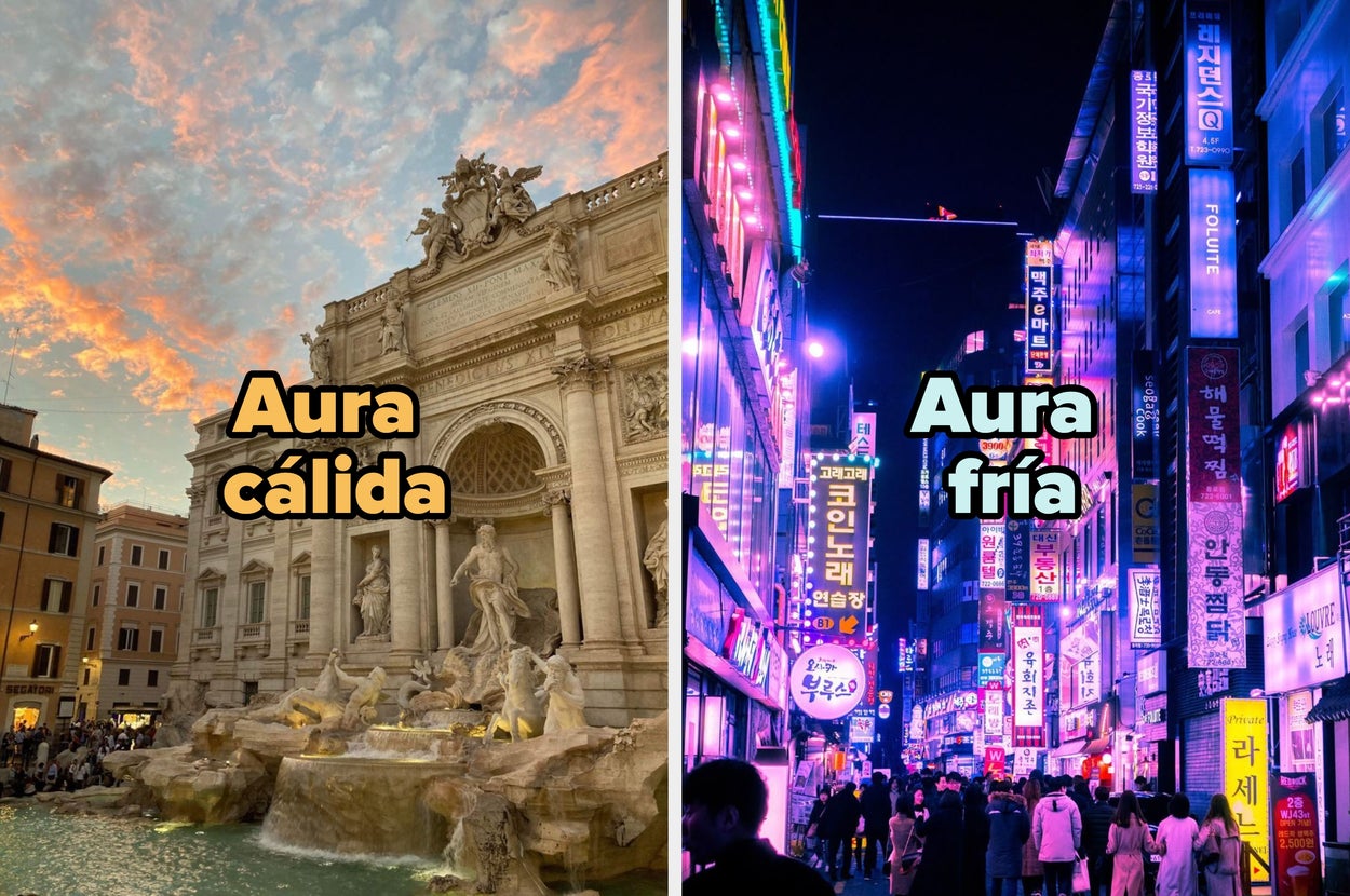 Comparación de destinos: a la izquierda, un paisaje con árboles y arquitectura clásica; a la derecha, una vibrante calle llena de letreros luminosos