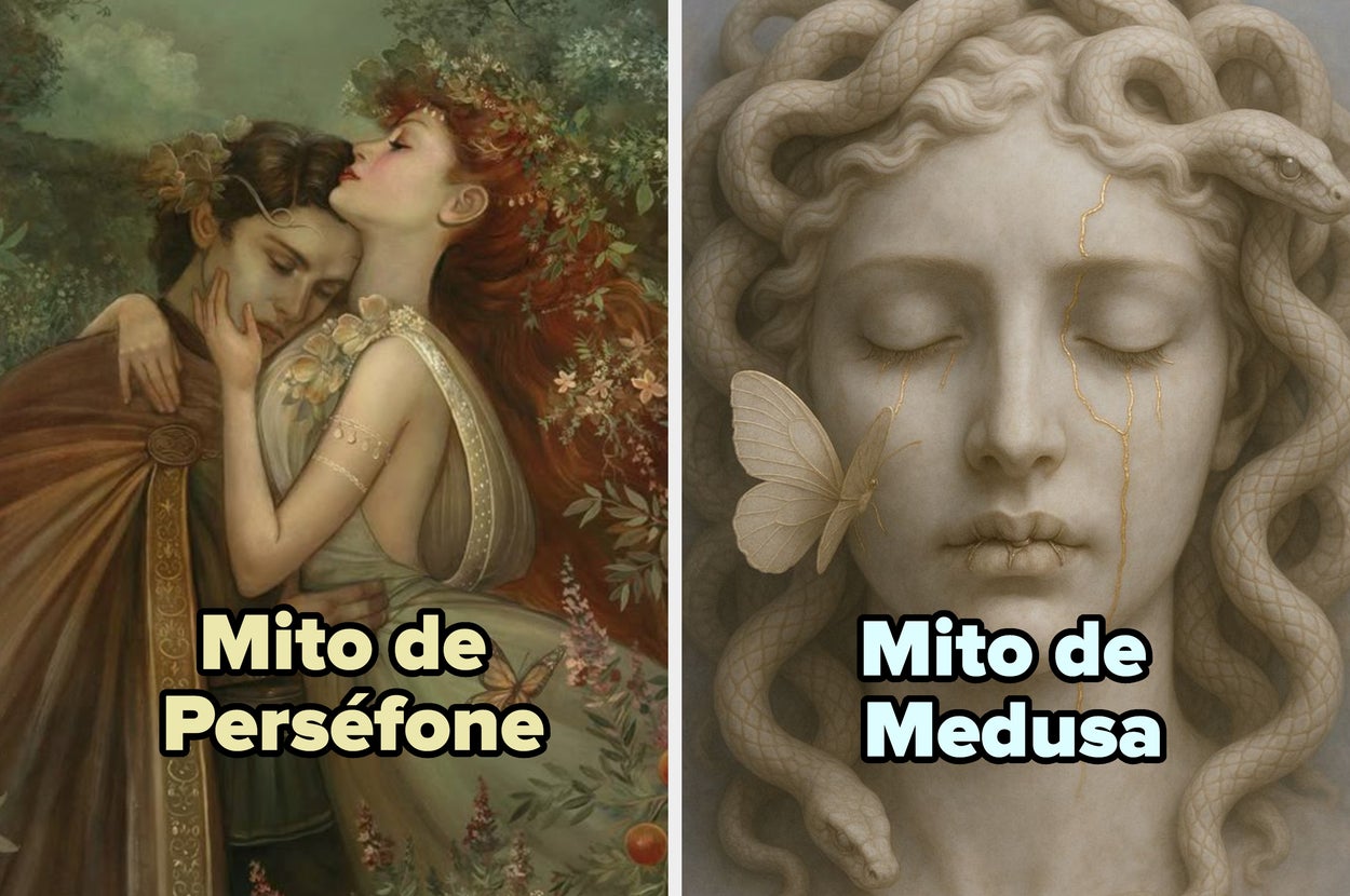Imagen dividida con arte de los mitos de Perséfone y Medusa. Perséfone en abrazo tierno; Medusa con mariposa en rostro y serpientes en cabello