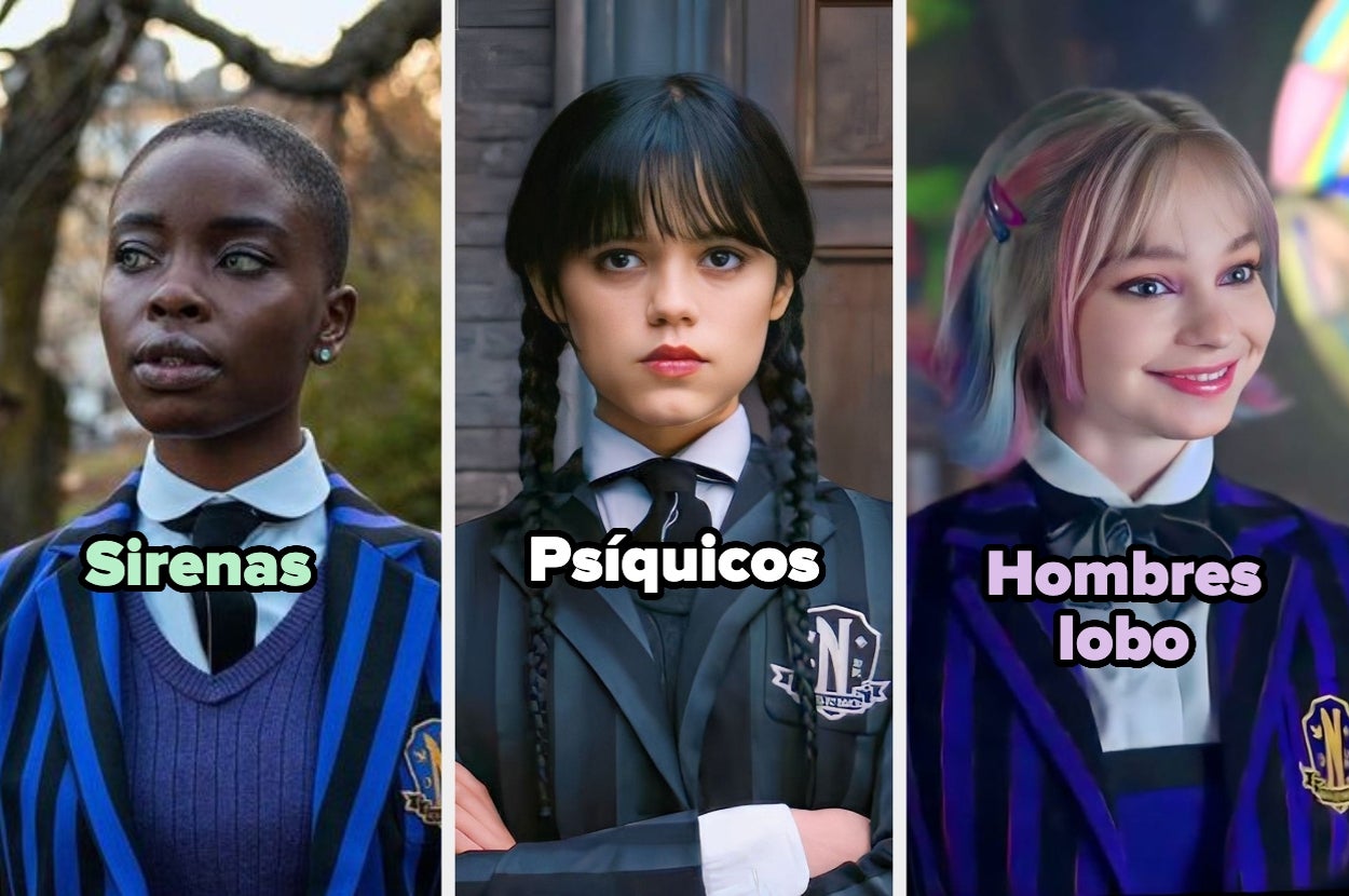 Tres personas vestidas con uniformes escolares distintivos bajo los letreros "Sirenas", "Psíquicos" y "Hombres lobo"
