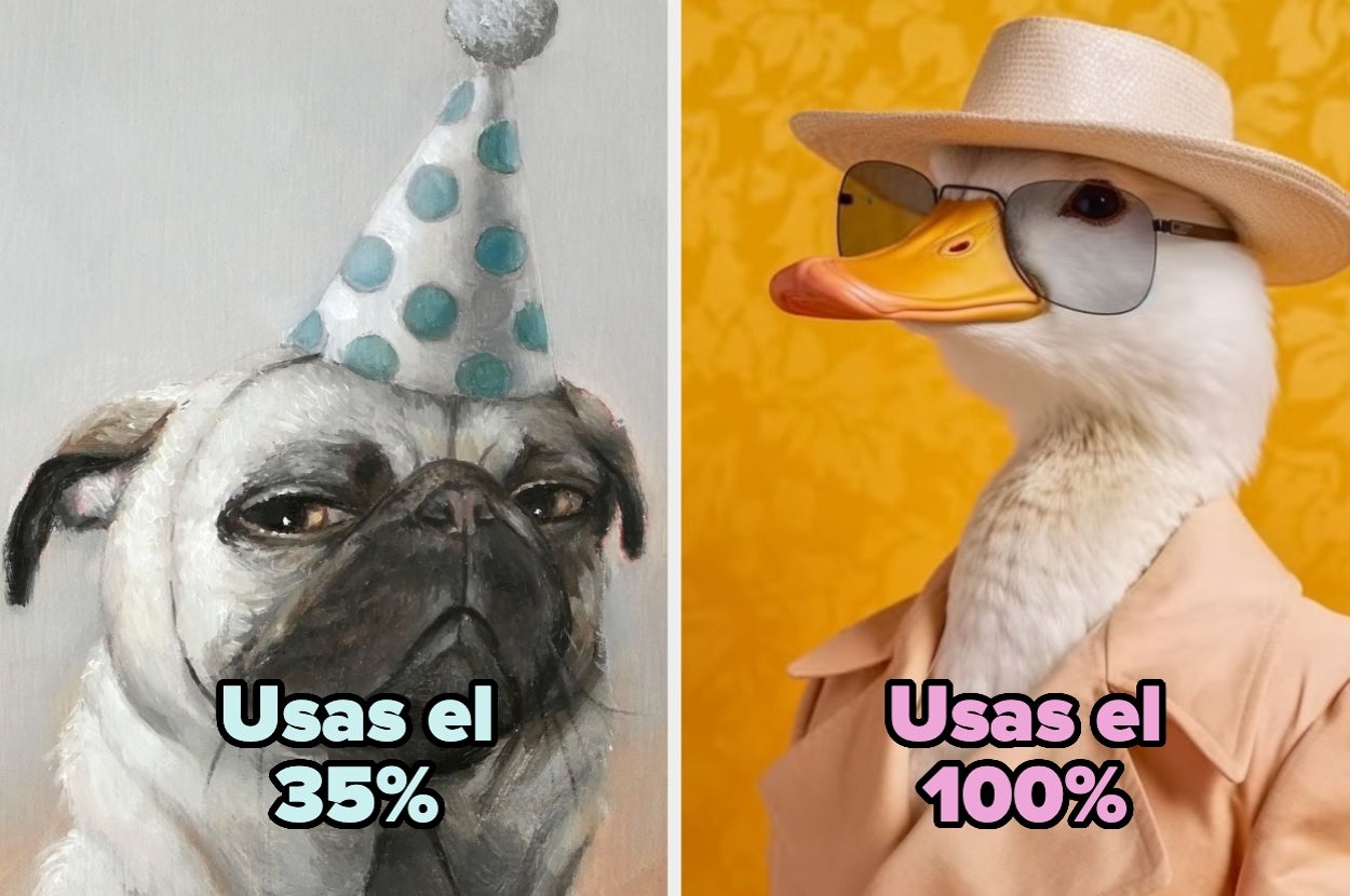 Split image: left side shows a pug in a party hat labeled "Usas el 35%"; right side shows a duck in a hat and sunglasses labeled "Usas el 100%"