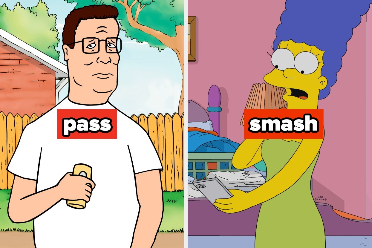 Split image of Hank Hill and Marge Simpson. Text: "pass / smash"
