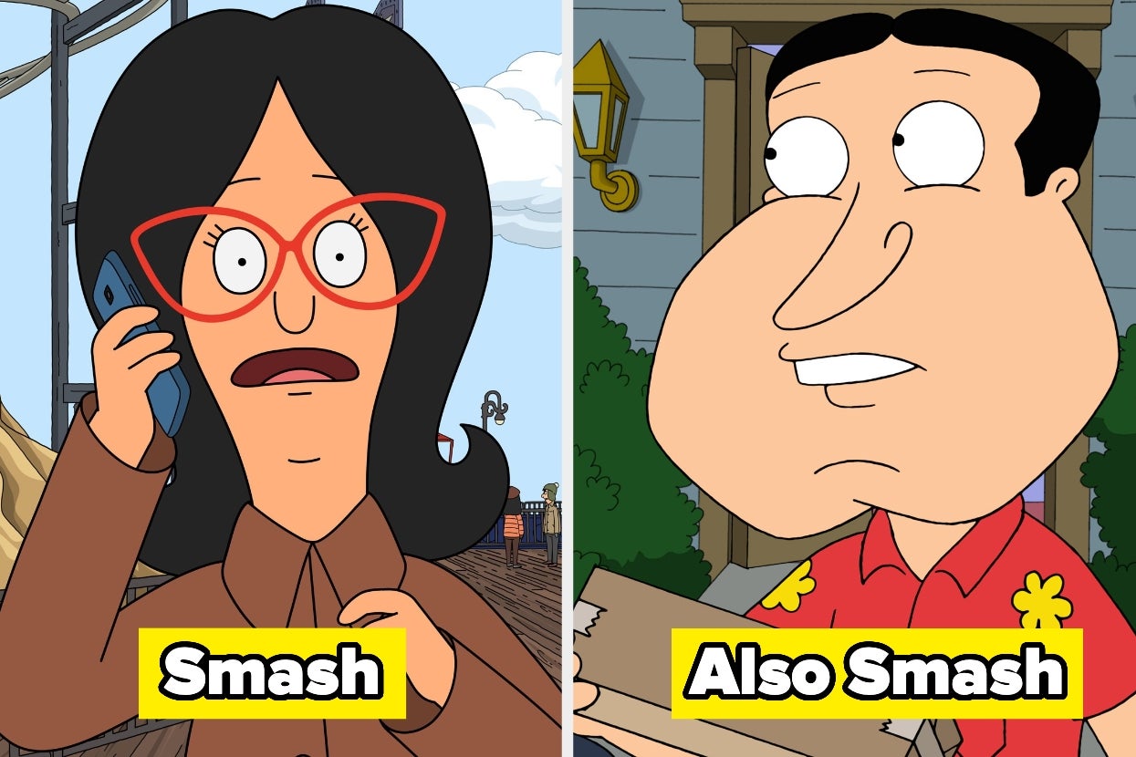 Split image of Linda Belcher and Glenn Quagmire. Text: "Smash / Also Smash"