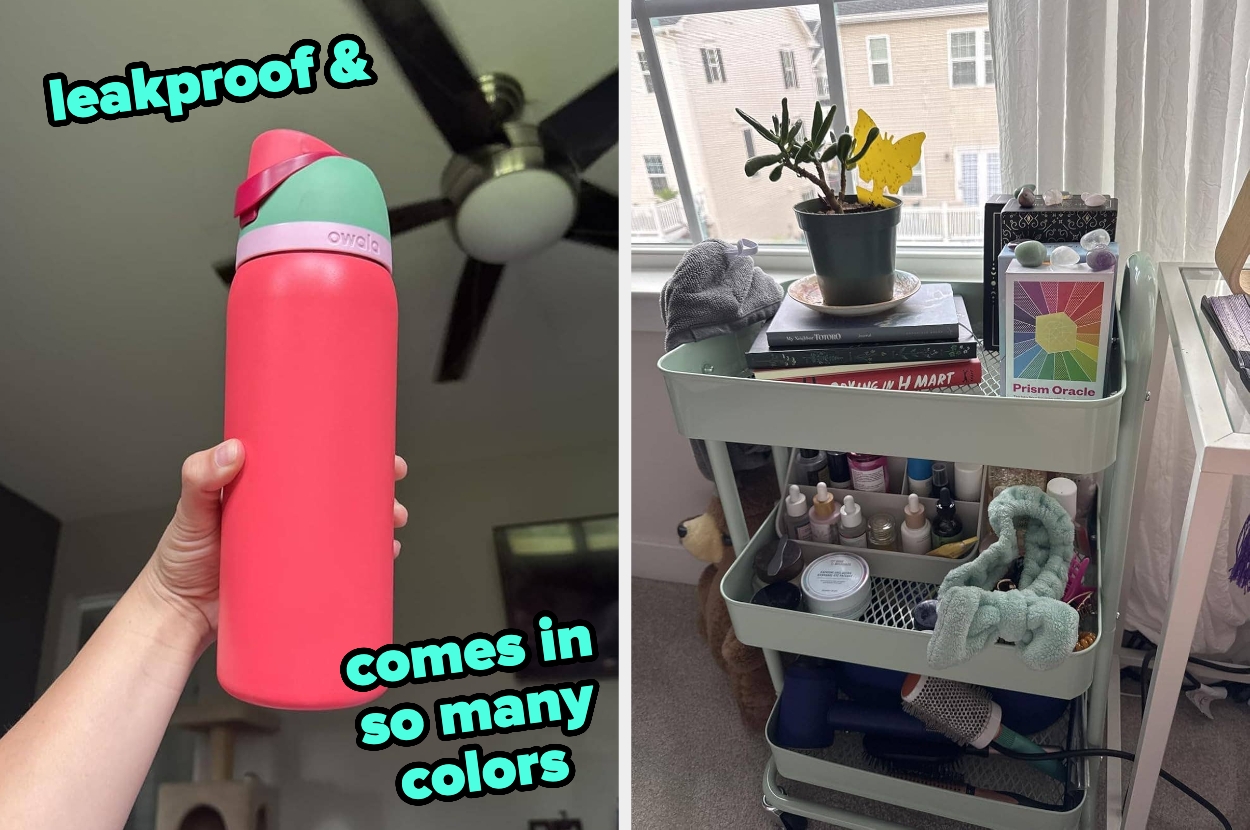 Person holding a leak-proof water bottle with text highlighting its color variety. Right: a cart with beauty products and a plant on top