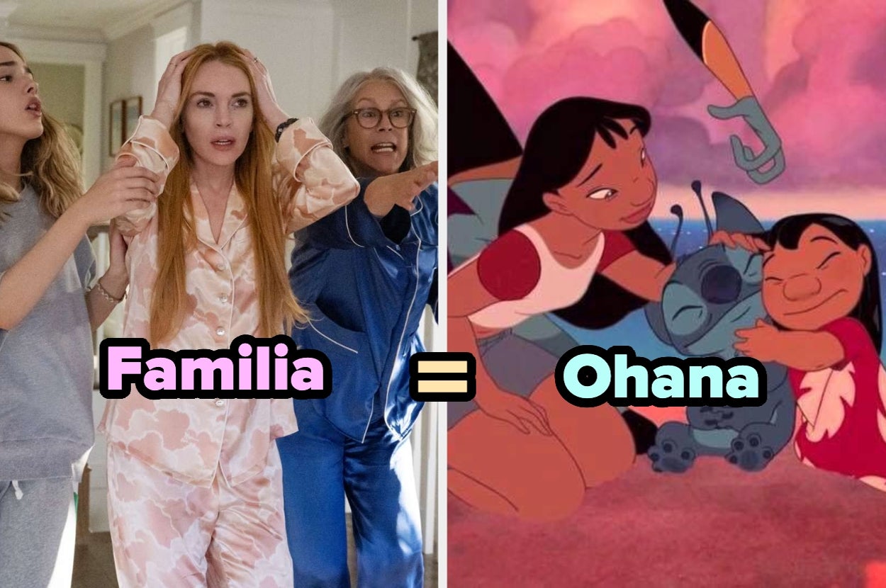 Tres personas sorprendidas en pijama junto a una imagen de Lilo y Stitch con el texto "Familia = Ohana"