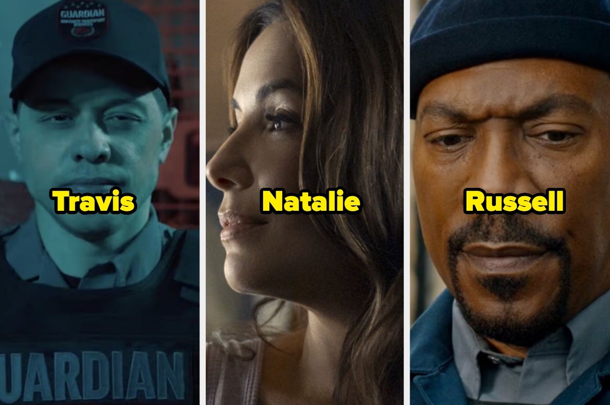 Tres personajes de una serie: Travis (guardia), Natalie (mujer pensativa), Russell (hombre serio con gorra)