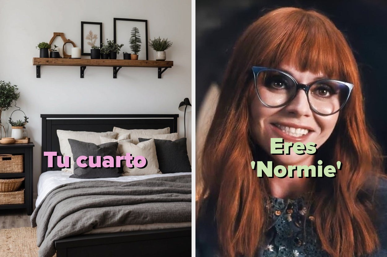Left: Cozy bedroom with plants. Text in Spanish: "Tu cuarto." Right: Person with glasses thoughtfully looking at papers. Text in Spanish: "Eres 'Normie'."