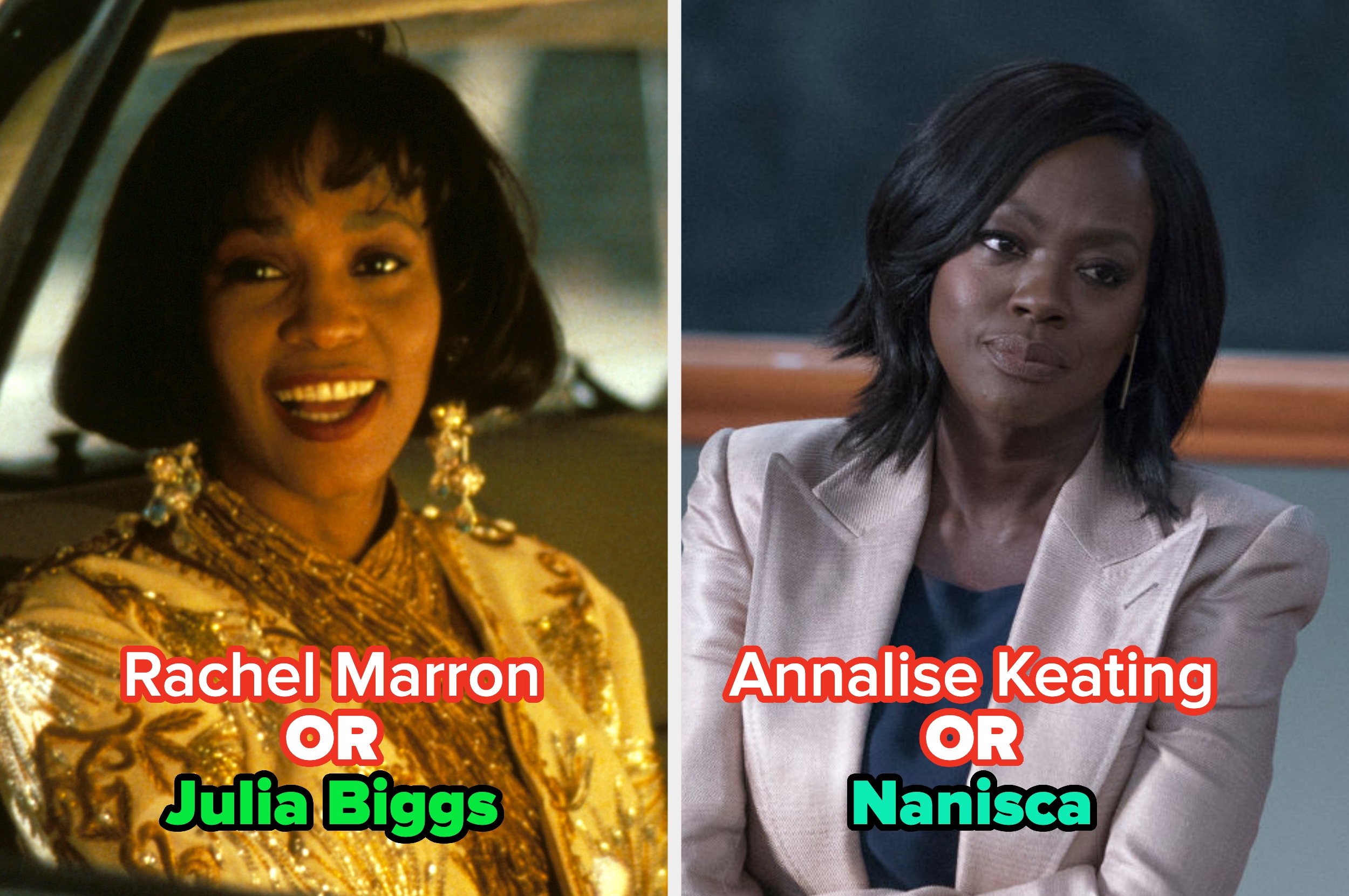 Two side-by-side images show characters: left, a woman in glamorous attire; right, a woman in a professional outfit. Text asks to choose between roles