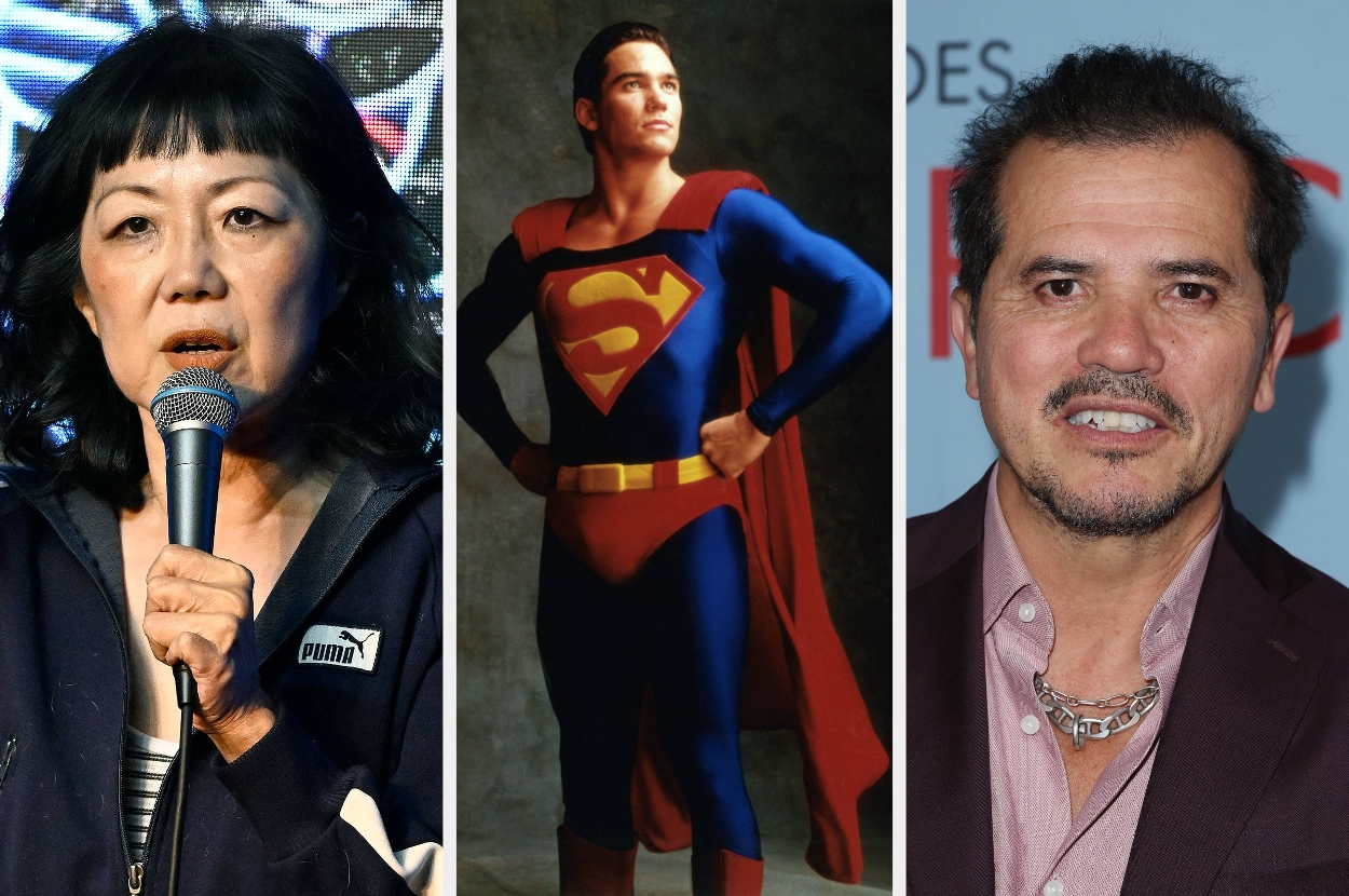 Three individuals are pictured: one speaking on a microphone, one in a superhero costume, and one in a suit with a chain necklace