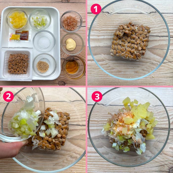 納豆を使った料理の手順を示す3つの画像。1. ボウルに納豆を入れる。2. 刻んだネギを加える。3. さらに他の具材を加える。