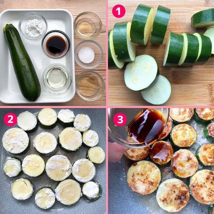 ズッキーニの炒めの作り方。1. 輪切り、2. 片栗粉をまぶす、3. 焼いてたれをかける。