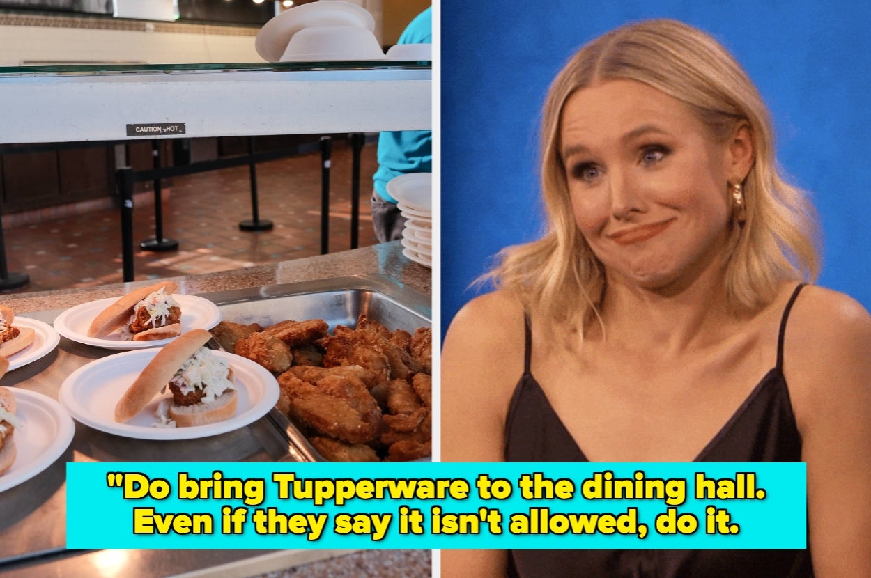 Left: Plates of food in a dining hall. Right: Person making a humorous facial expression. Caption suggests bringing Tupperware isn't allowed but do it