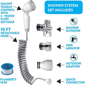 showerhead with hose, ablution diverter, descend aerator, outdoor adaptor, speedy connector, and plumber's tape