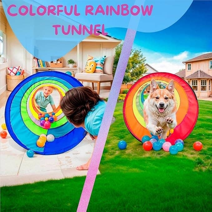 Two images: One shows a baby crawling through a colorful play tunnel indoors with toys. The other shows a dog running through the tunnel outdoors