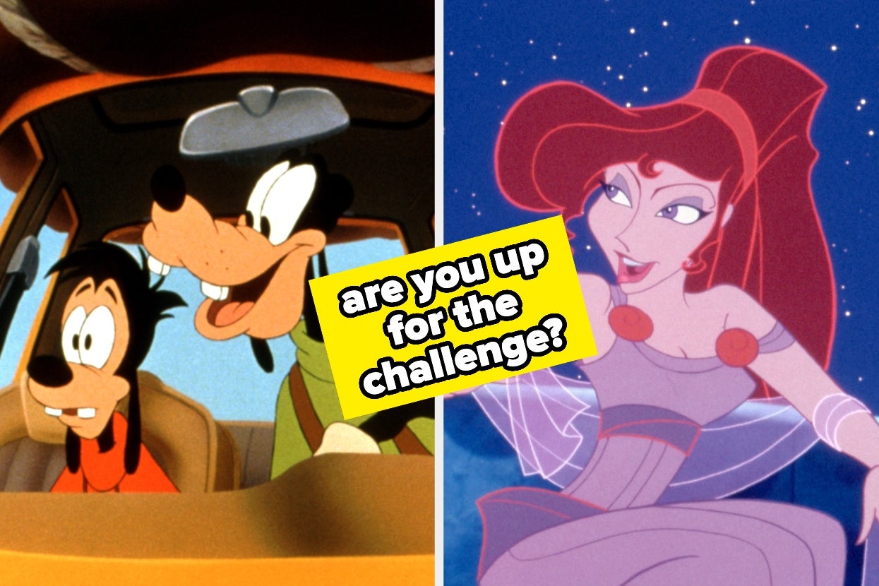 Split image of Max, Goofy, and Meg. Text: "are you up for the challenge?"