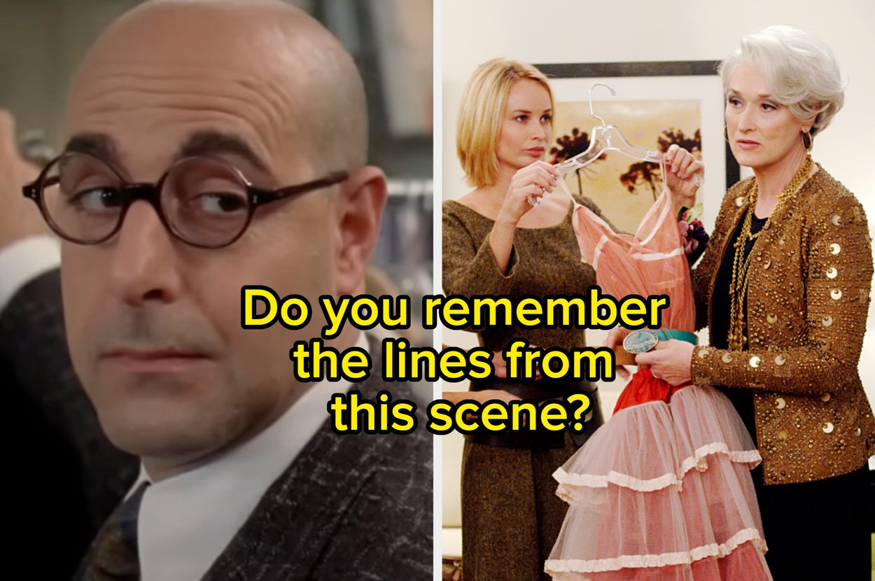 Two scenes from a fashion-themed movie with a character adjusting glasses and two others holding a layered dress. Question text asks about memorable lines