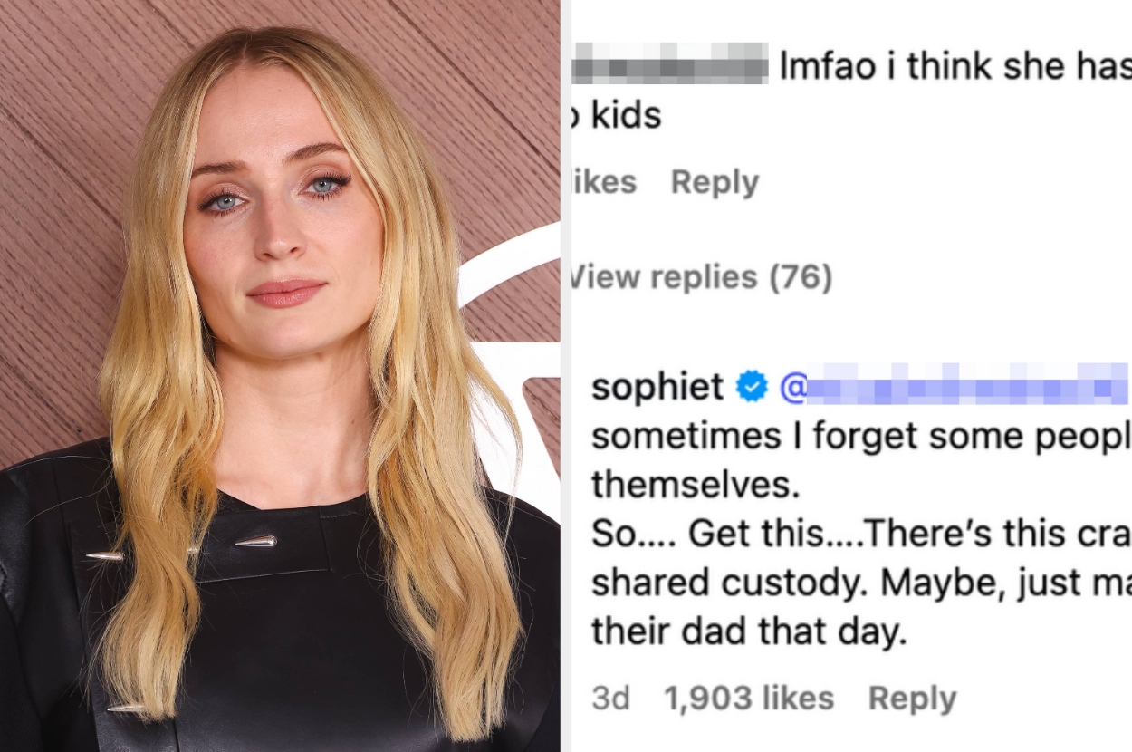 Left: Sophie Turner at an event. Right: Comment showing Sophie hitting back at someone who said "i think she has forgotten that she has two kids"