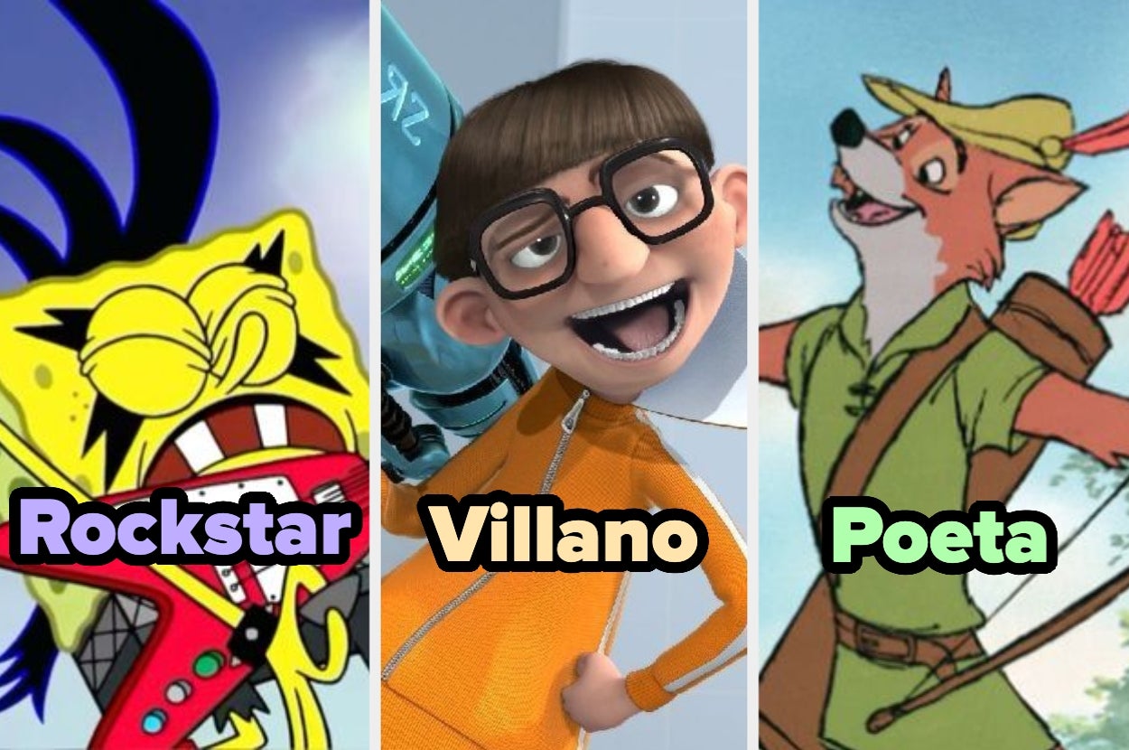 Imagen dividida en tres segmentos con personajes animados: uno rockero, uno villano con gafas y un zorro vestido de poeta