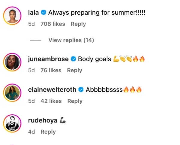 Social media post comments praising fitness; emojis include flexing arms, fire, and clapping hands