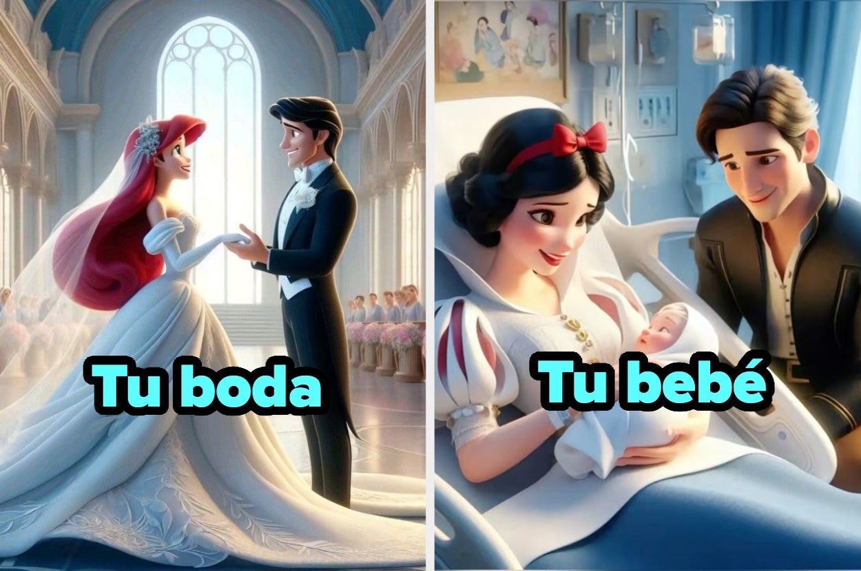 Imagen dividida en dos: a la izquierda, una boda; a la derecha, una pareja con un bebé en el hospital. Texto: "Tu boda" y "Tu bebé"