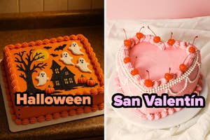 Pastel cuadrado de Halloween con fantasmas y calabazas a la izquierda, pastel en forma de corazón con cerezas para San Valentín a la derecha