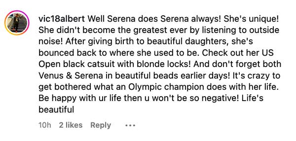 Social media comment praising Serena Williams for her uniqueness, motherhood, and achievements, encouraging positivity and rejecting negativity
