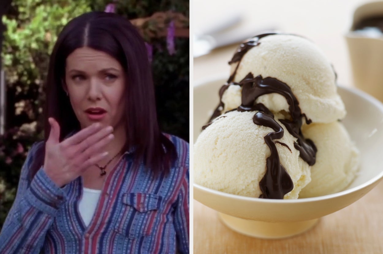 A person outdoors touching their face, next to a bowl of vanilla ice cream with chocolate sauce