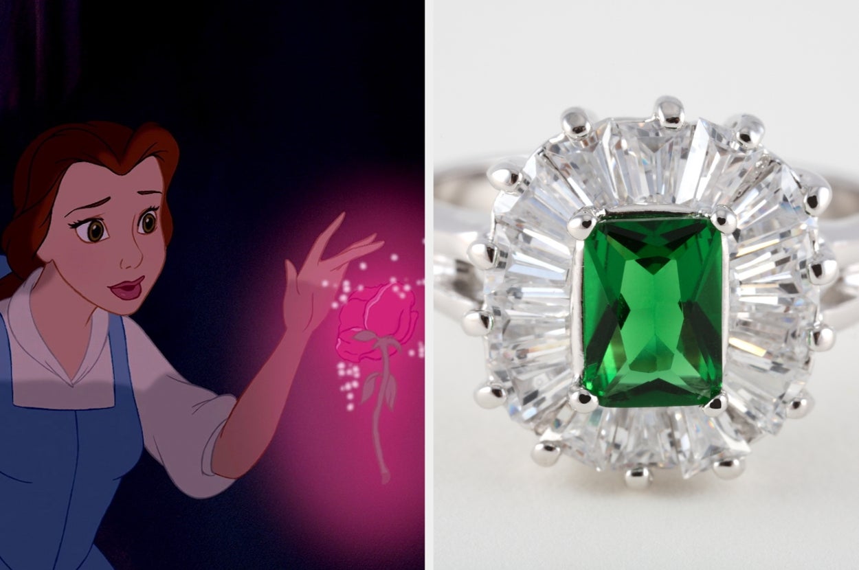 Animated woman reaching for a glowing rose; an emerald and diamond ring on display