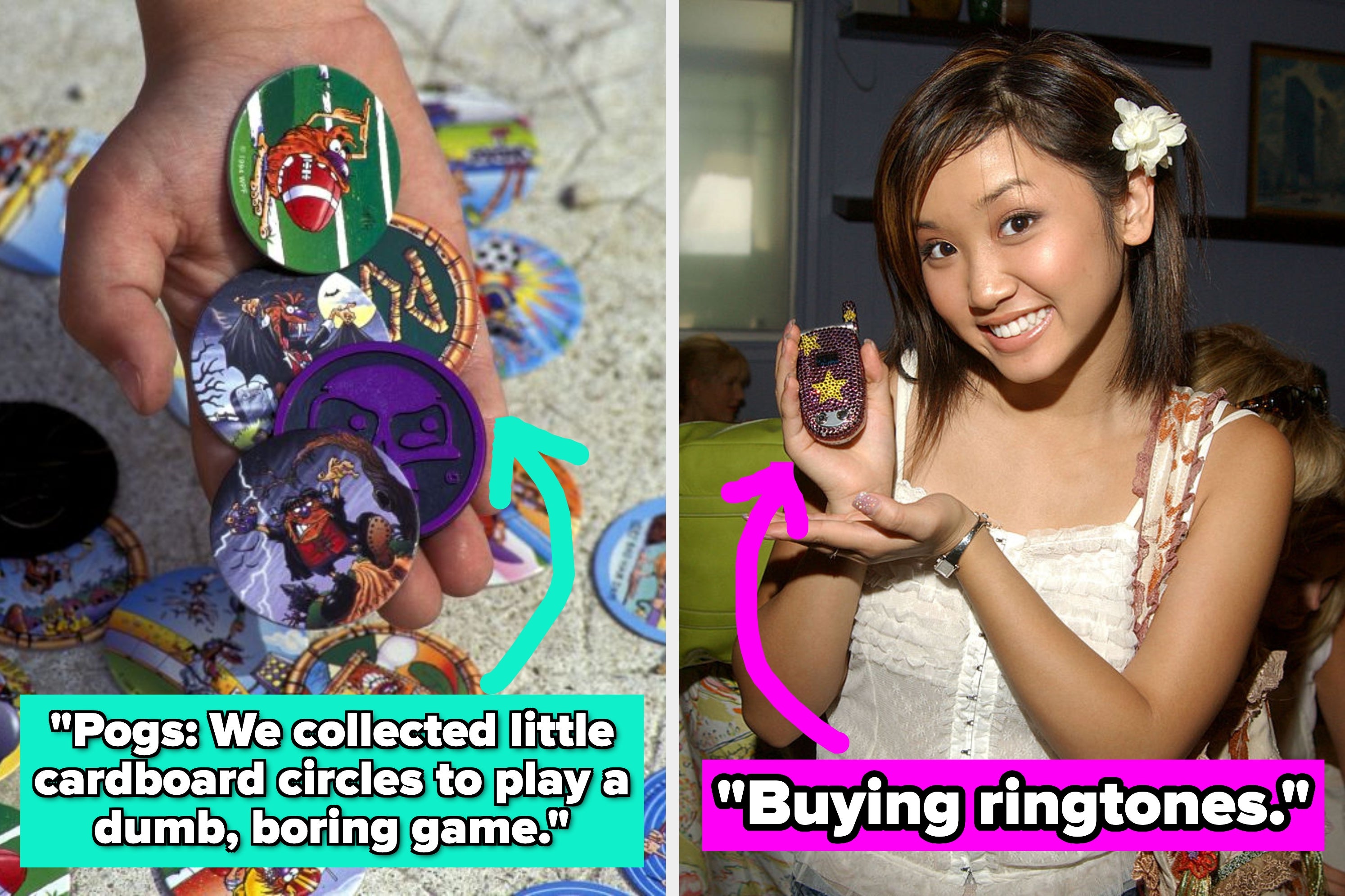 Left: Hand holding pogs with text, "Pogs: We collected little cardboard circles to play a dumb, boring game." Right: Person holding phone, text, "Buying ringtones."