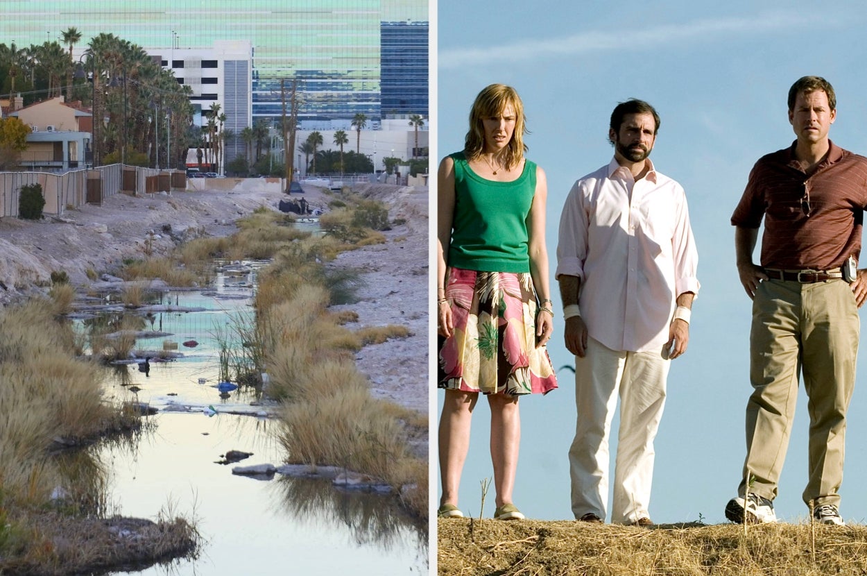 Left: Dry canal with sparse vegetation. Right: Three people stand on a dirt hill; one wears a floral skirt, and the others wear casual shirts and pants